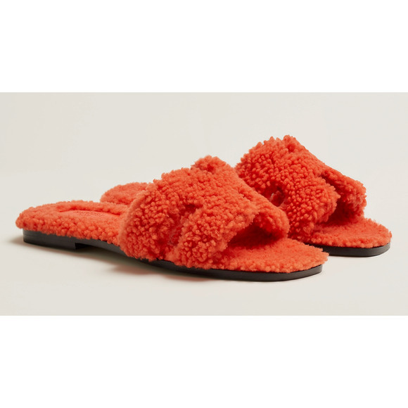 Hermes Oran Teddy Shearling Fur Orange H Logo Slide Sandal Mule Flat Flop 38.5 - Picture 2 of 12